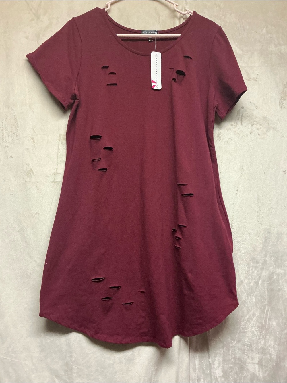 Distressed Short Sleeve Dress - Burgundy